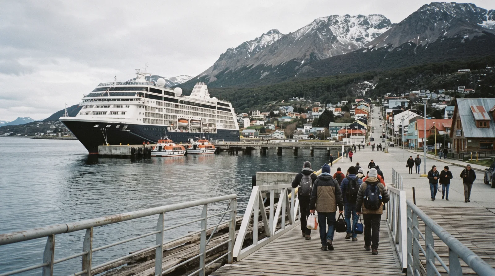 Cruise ships tied up at the Ushuaia cruise port on Avenida Maipú with snow-dusted mountains rising behind the town.