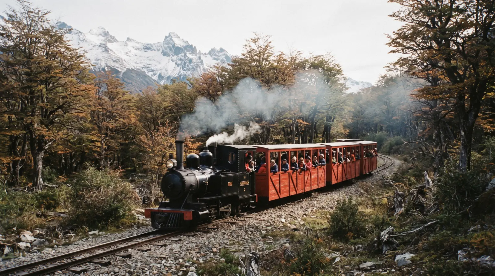 The End of the World Train in Ushuaia steaming through forest inside Tierra del Fuego National Park.