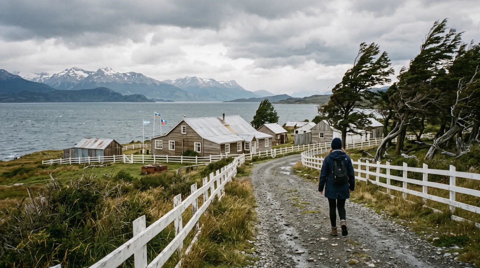 The white homestead buildings of estancia harberton on the Beagle Channel shore east of Ushuaia, Argentina