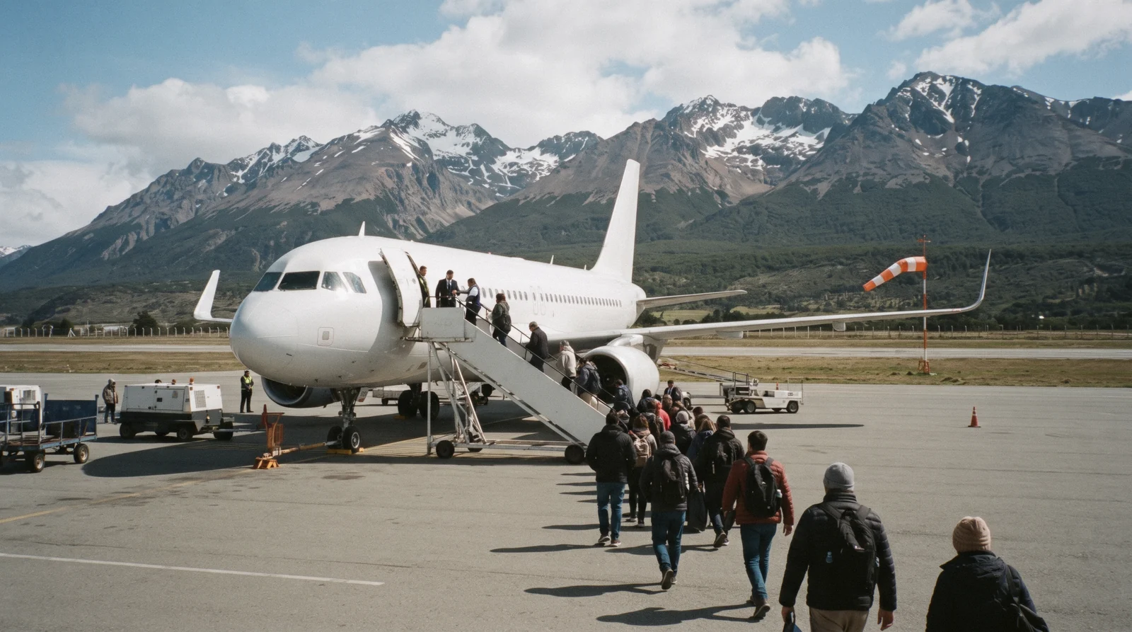 Aircraft on the apron at Ushuaia airport with the Martial mountains behind, showing how to get to Ushuaia by air