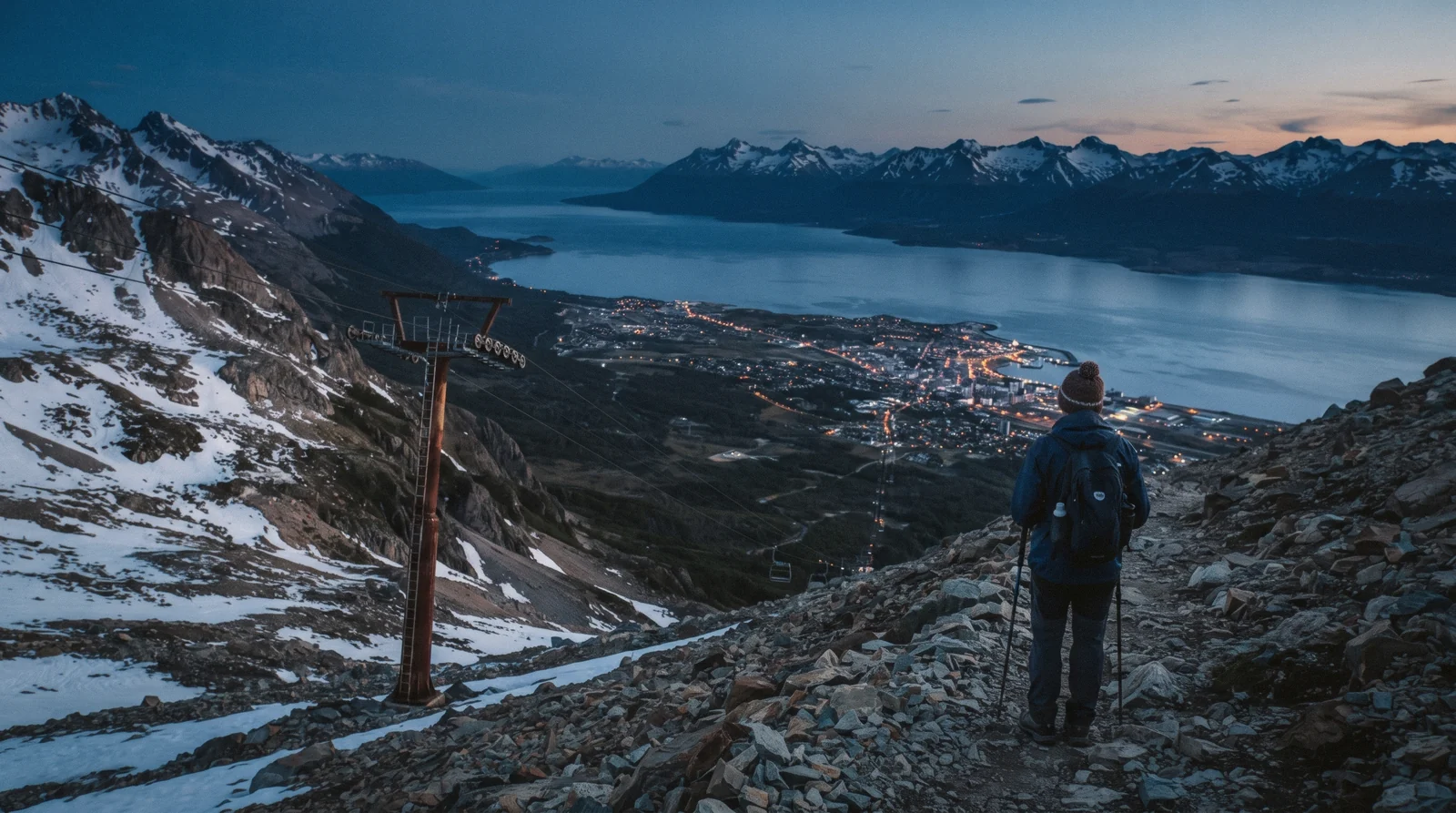 The Martial glacier cirque above Ushuaia with the Beagle Channel behind, seen from the viewpoint reached by the Martial chairlift in Argentina