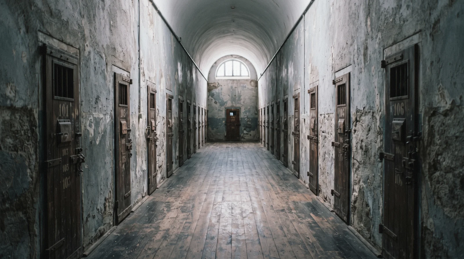 The long cell block of the museo maritimo ushuaia, the former prison building by the port, with painted signs above the cells