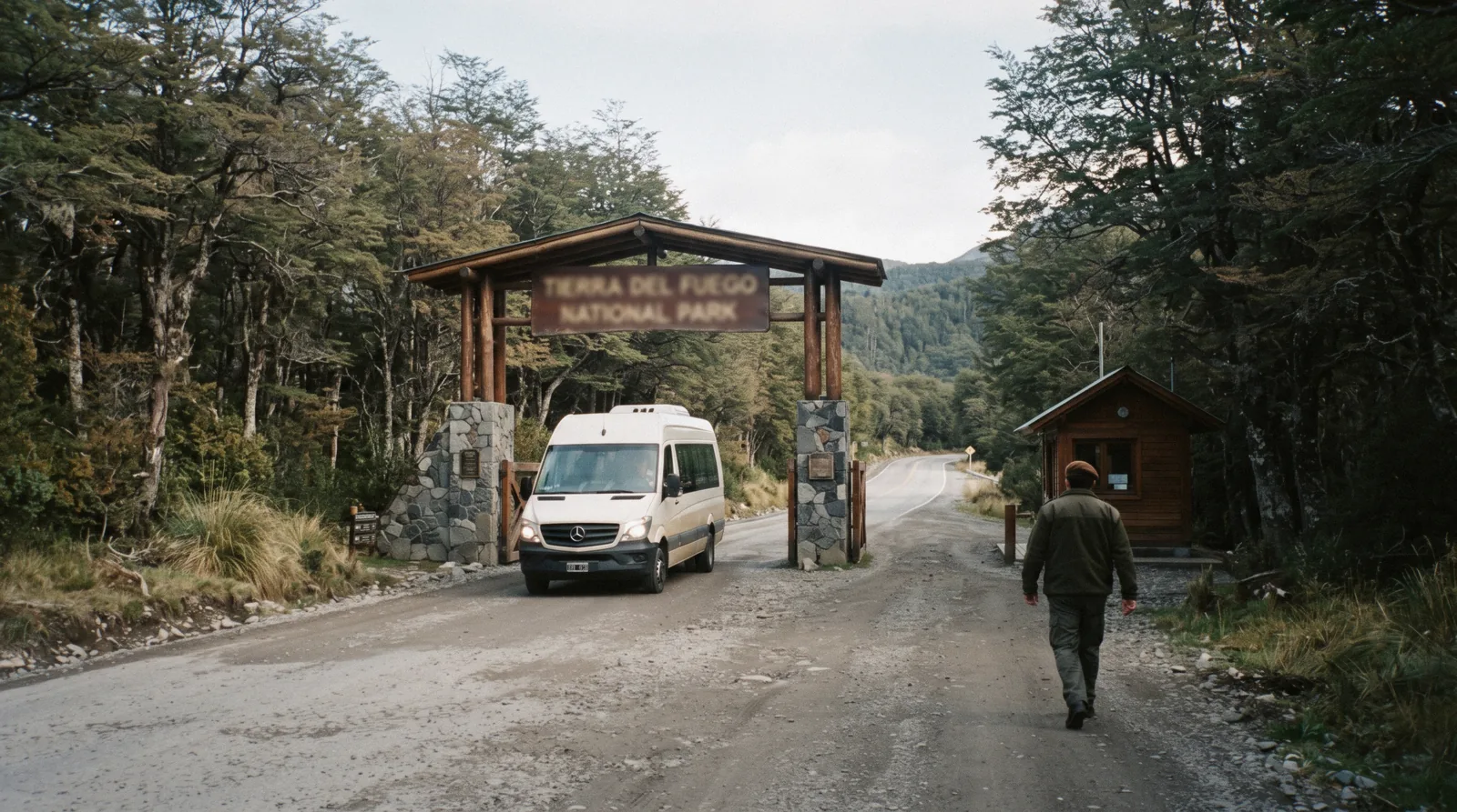 Park entrance gate and forest in Tierra del Fuego National Park near Ushuaia, Argentina, where tierra del fuego national park tickets are checked.
