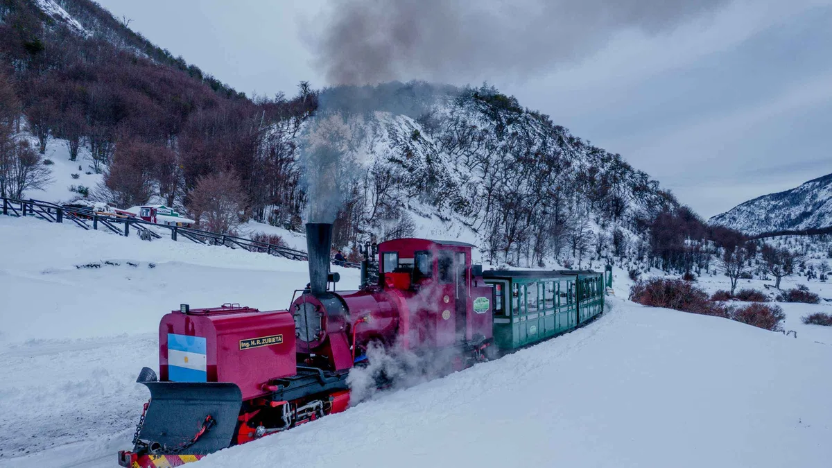 Locomotive of the Southern Fuegian Railway waiting at the End of the World Station in the forests outside Ushuaia, Argentina