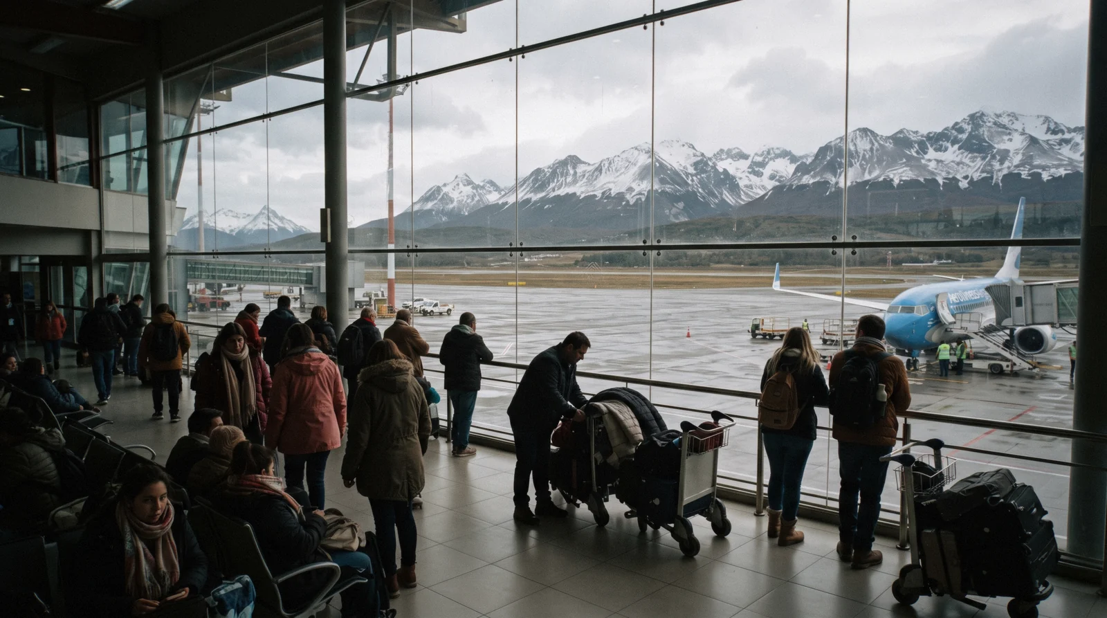 Malvinas Argentinas International Airport, the ushuaia airport, with its glass terminal wall facing the runway and the Martial mountains behind