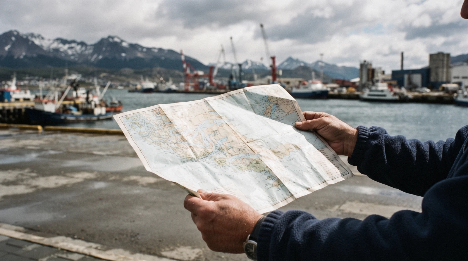 An Ushuaia map view over the city, harbour and Beagle Channel with the Martial mountains behind