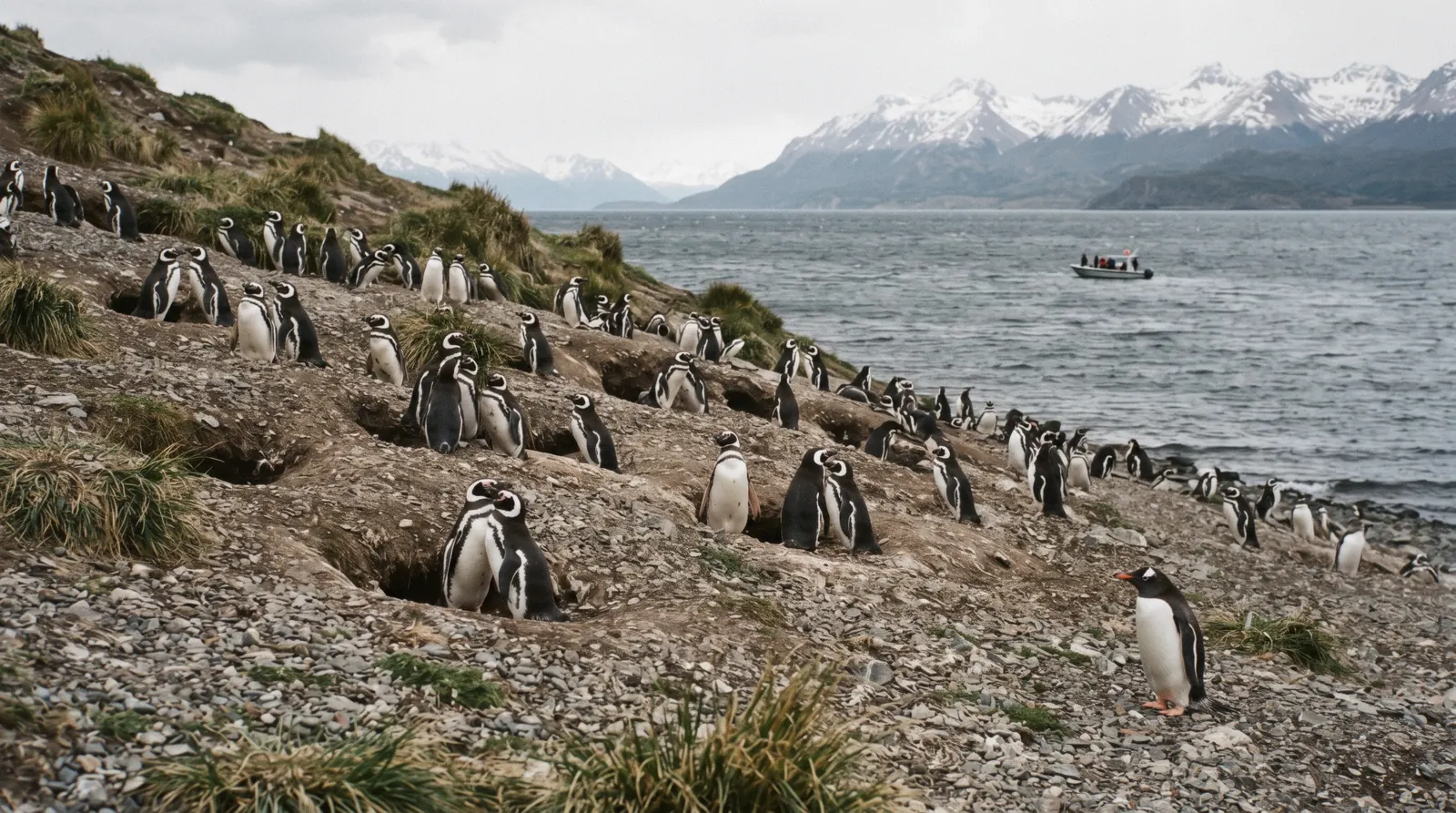 Magellanic penguins on the gravel shore of Martillo Island in the Beagle Channel, the colony seen on Ushuaia penguins tours