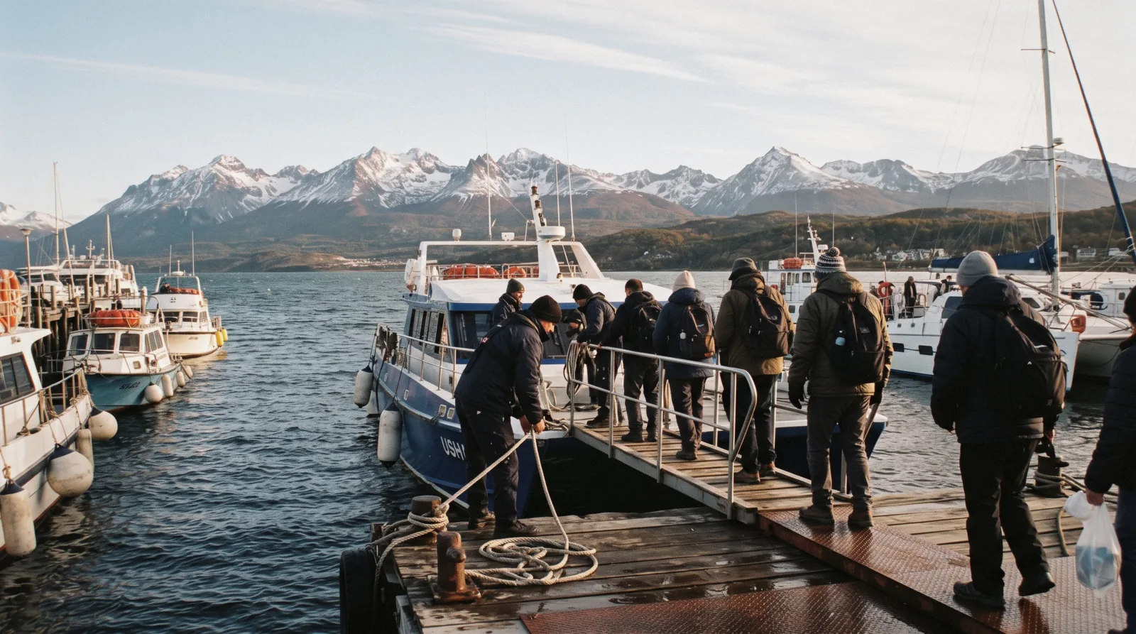 Travellers comparing Ushuaia tours at the port with catamarans and snow-covered mountains behind in Tierra del Fuego, Argentina
