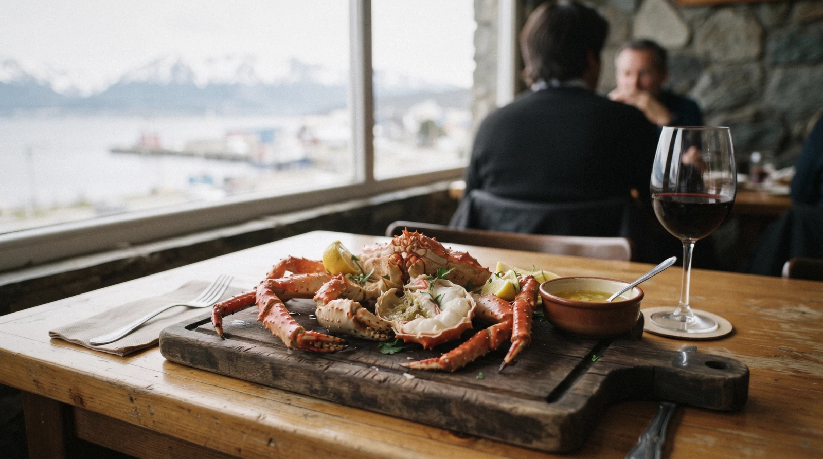 A cooked centolla king crab served on a plate in a restaurant in Ushuaia, Argentina, the dish most visitors ask about when deciding where to eat in Ushuaia.