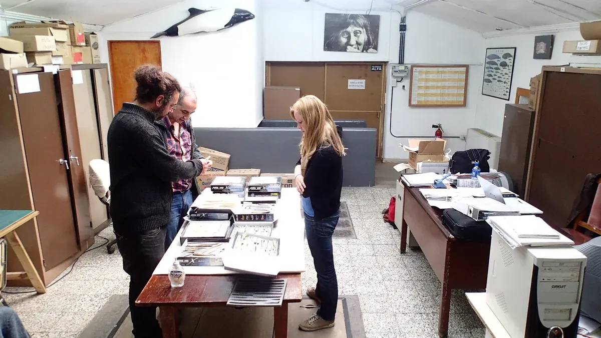 Researchers studying archaeological artefacts from the collections of the Museo del Fin del Mundo in Ushuaia, Argentina